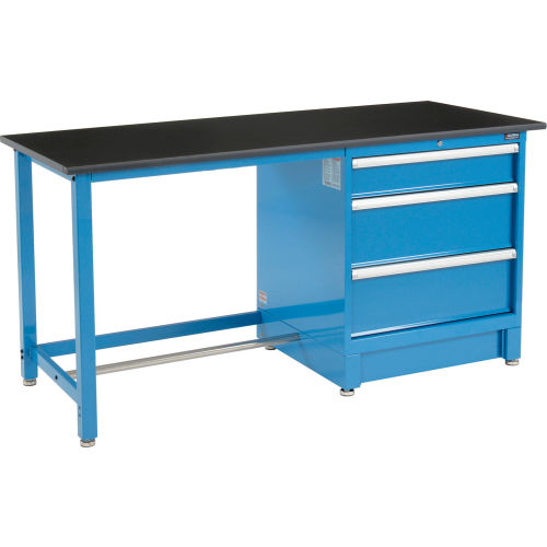 72inW x 30inD Modular Workbench with 3 Drawers - Phenolic Resin Safety Edge - Blue