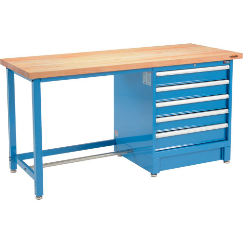 72inW x 30inD Modular Workbench with 5 Drawers - Maple Butcher Block Square Edge - Blue