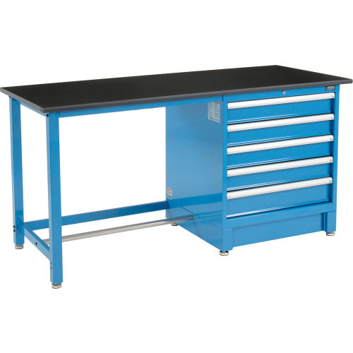 72inW x 30inD Modular Workbench with 5 Drawers - Phenolic Resin Safety Edge - Blue
