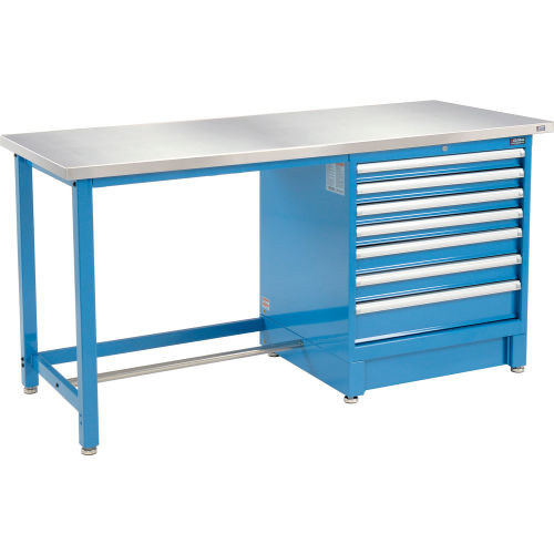 72inW x 30inD Modular Workbench with 7 Drawers - Stainless Steel Square Edge - Blue