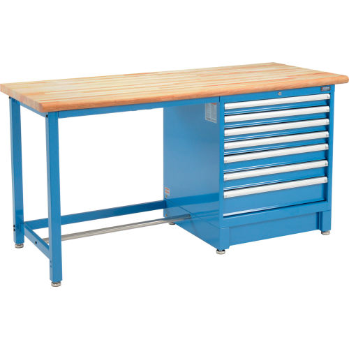 72inW x 30inD Modular Workbench with 7 Drawers - Maple Butcher Block Safety Edge - Blue