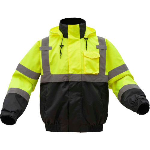 GSS Safety Hi-Visibility Class 3 3-In-1 Waterproof Bomber Jacket W/Fleece Lining, Lime/Black, 2XL