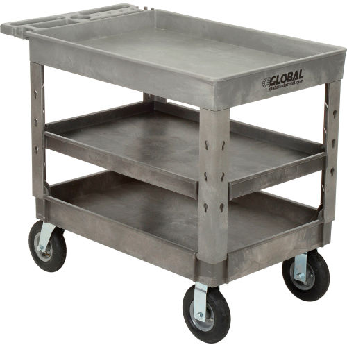 Industrial Strength Plastic 3 Tray Shelf Service & Utility Cart, 44in x 25-1/2in, 8in Pneumatic whls
																			