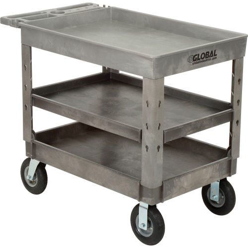 Industrial Strength Plastic 3 Tray Shelf Service & Utility Cart, 44in x 25-1/2in, 8in Pneumatic whls
