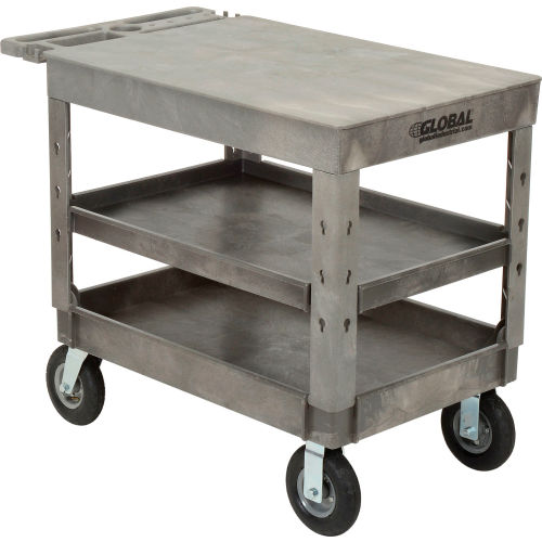 Industrial Strength Plastic 3 Falt Shelf Service & Utility Cart, 44in x 25-1/2in, 8in pneumatic whl