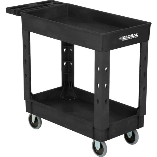 Industrial Plastic 2 Shelf Tray Black Service & Utility Cart, 38in x 17-1/2in, 5in Rubber Casters