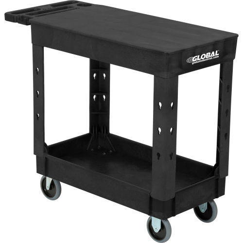 Industrial Plastic 2 Shelf Flat Black Service & Utility Cart, 38in x 17-1/2in, 5in Rubber Casters