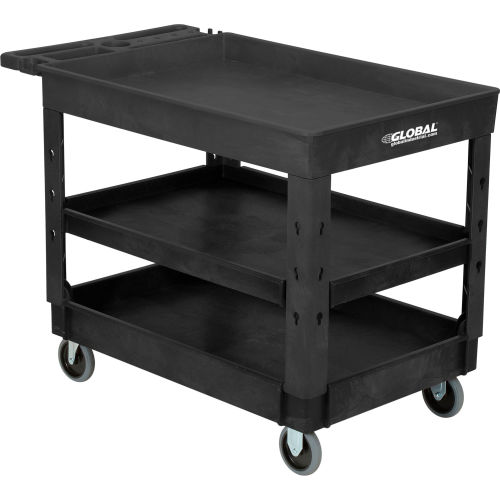 Industrial Plastic 3 Tray Black Shelf Service & Utility Cart, 44in x 25-1/2in, 5in Rubber Casters
