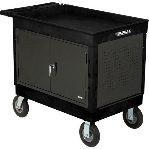 Industrial Plastic 2 Tray Black Shelf Maintenance & Utility Cart, 44in x 25-1/2in, 8in Pneumatic