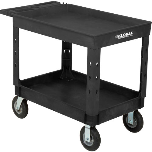 Industrial Plastic 2 Tray Black Shelf Service & Utility Cart, 44in x 25-1/2in, 8in Pneumatic wheels
																			