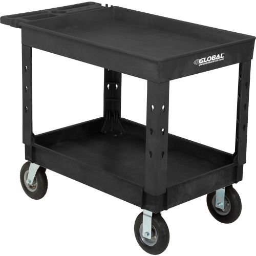 Industrial Plastic 2 Tray Black Shelf Service & Utility Cart, 44in x 25-1/2in, 8in Pneumatic wheels