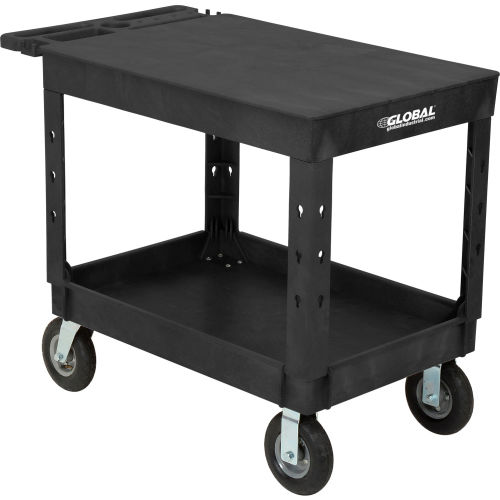 Industrial Plastic 2 Flat Black Shelf Service & Utility Cart, 44in x 25-1/2in, 8in Pneumatic Wheels
																			