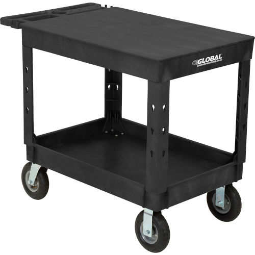 Industrial Plastic 2 Flat Black Shelf Service & Utility Cart, 44in x 25-1/2in, 8in Pneumatic Wheels