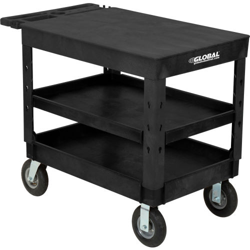Industrial Plastic 3 Flat Black Shelf Service & Utility Cart, 44in x 25-1/2in, 8in pneumatic