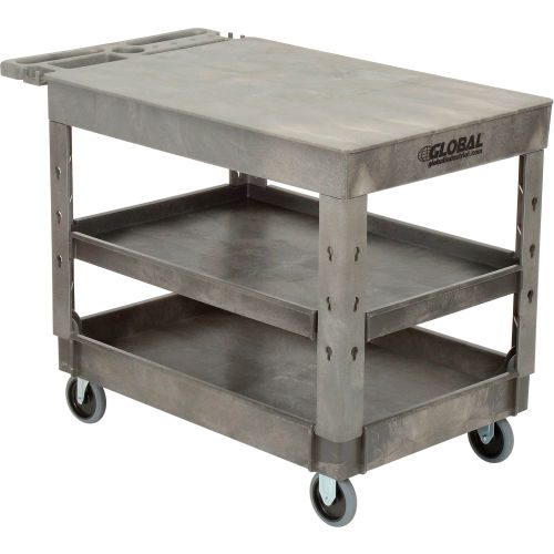 Industrial Strength Plastic 3 Flat Shelf Service & Utility Cart, 44in x 25-1/2in, 5in Rubber Casters
																			
