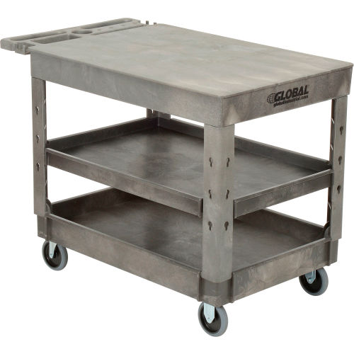Industrial Strength Plastic 3 Flat Shelf Service & Utility Cart, 44in x 25-1/2in, 5in Rubber Casters