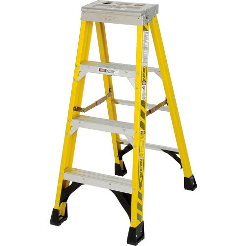 4' Fiberglass Step Ladder w/ Aluminum Tool Tray 375 lb. Cap -