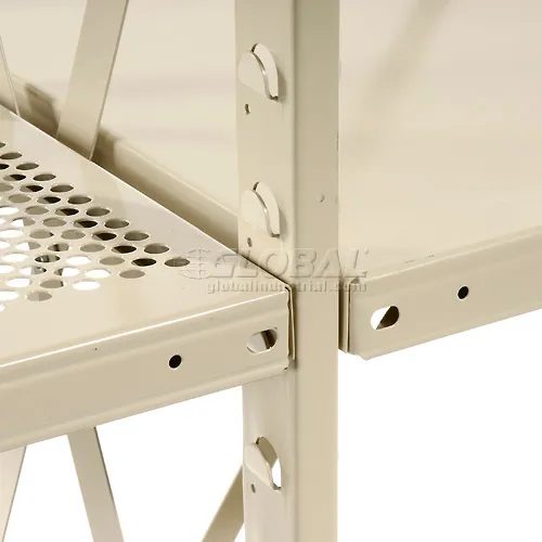 Close-up of beige metal shelf frame and grate