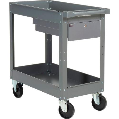 2 Shelf Deep Tray Steel Stock Cart 30x16 500 Lb. Cap. with 1 Drawer