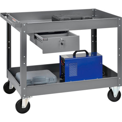 2 Shelf Deep Tray Steel Stock Cart 36x24 500 Lb. Cap. with 1 Drawer
