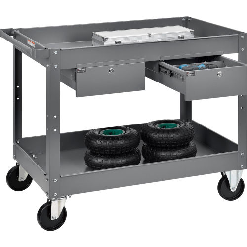 2 Shelf Deep Tray Steel Stock Cart 36x24 500 Lb. Cap with 2 Drawers
