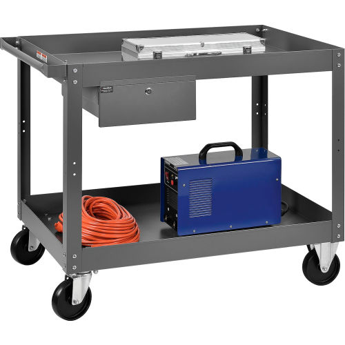 2 Shelf Deep Tray Steel Stock Cart 36x24 800 Lb. Capacity with 1 Drawer
																			