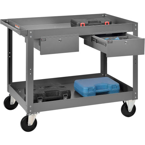 2 Shelf Deep Tray Steel Stock Cart 36x24 800 Lb. Capacity with 2 Drawers