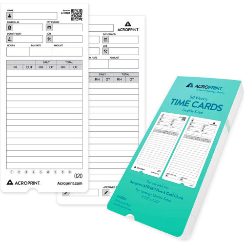Time Cards for Acroprint ATR480 Time Clock Acroprint Time Recorder Co 100-Pack 