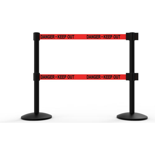 Banner Stakes QLine Retractable Dual Belt Barrier X2, Black Post, Red &quot;Danger - Keep Out&quot;
