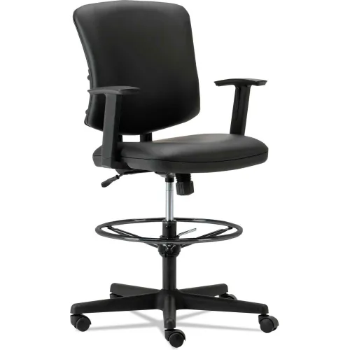 Interion® Leather Task Stool with Arms - 360° Footrest - Black
