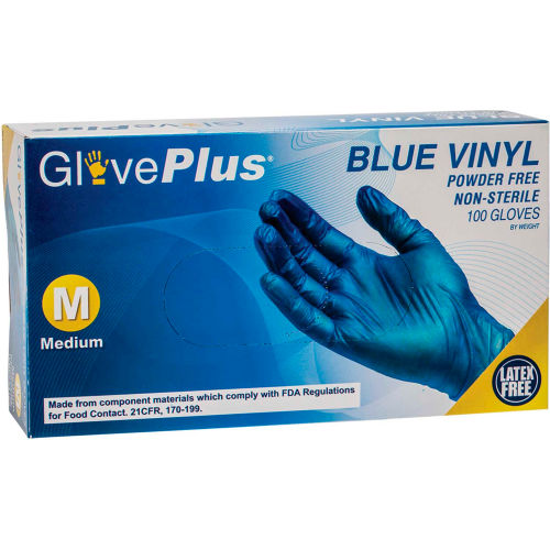 Ammex&#174; GlovePlus Industrial Grade Vinyl Gloves, 4 Mil, Powder-Free, S, Blue, 100/Box, 10 Box/CS