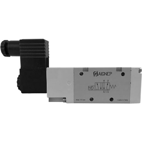 Aignep USA 5/2 Single Solenoid Valve, Ext Pilot Spring Return G 1/4, 24V AC/5VA Coil, Black Conn.