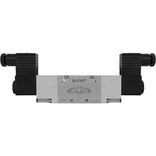 Aignep USA 5/3 Dbl Solenoid Vlv, Ext Pilot, Pres. Cntr, Spr Cntred, G1/8, 24V AC/5VA Coil, Black
