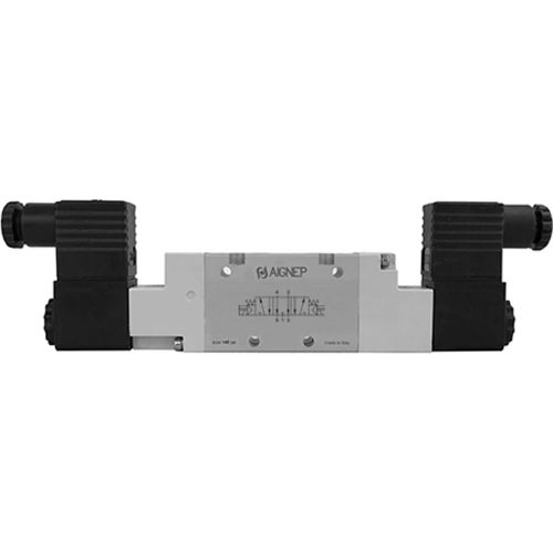 Aignep USA 5/3 Pres. Cntr Dbl Solenoid Vlv, Pilot Spr Cntred 1/4 NPTF, 110V AC/5VA Coil, Black Conn.