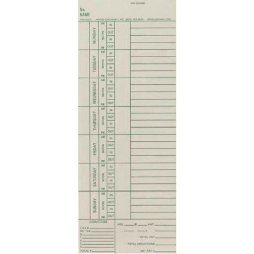 Amano Weekly Time Cards for TCX and PIX Series, 250/pack