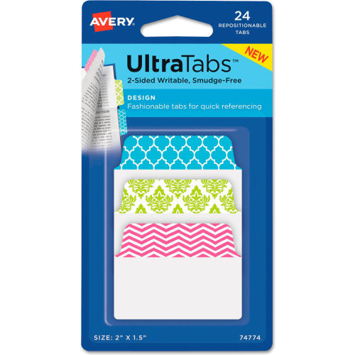 Avery® Ultra Tabs Repositionable Tabs, 2" x 1-1/2", Patterns: Blue, Green, Pink, 24/Pack