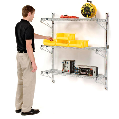 Nexel Wall Mount Wire Shelving 72"W x 18"D x 54"H 3-Shelf Starter-Chrome