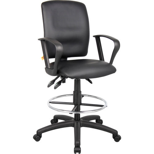 Boss Multifunction Drafting Stool with Fixed Arms - Leather - Black