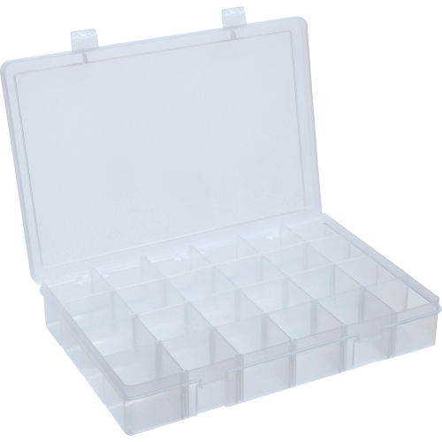 Durham Large Plastic Compartment Box LPADJ-CLEAR - Adjustable with 20 Dividers, 13-1/8x9x2-5/16