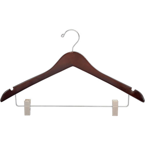 17 in. Wood Hanger for Ladies' Suit/Skirt, Standard Hook, Walnut w/ Chrome Hardware, 100/Case