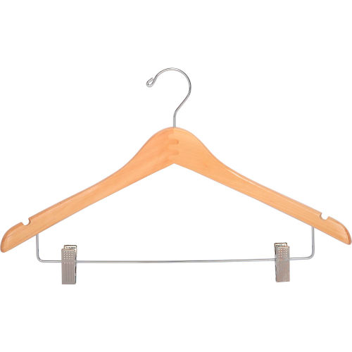 17 in. Wood Hanger for Ladies' Suit/Skirt, Standard Hook, Natural w/ Chrome Hardware, 100/Case
																			