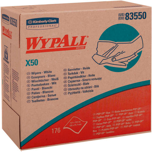 WypAll X50 Wipers, 9-1/10 x 12-1/2, White, 176/pop-Up Box, 10 Boxes/Carton - KCC 83550