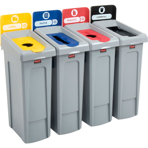Rubbermaid Slim Jim Recycling Station, Landfill/Paper/Plastic/Cans, (4) 23 Gallon - 2007918