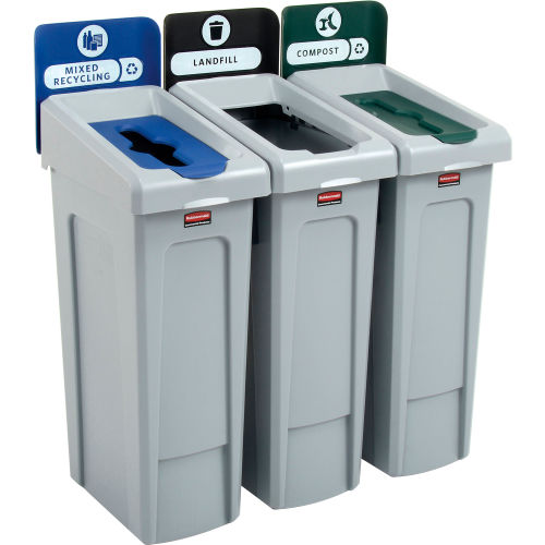 Rubbermaid Slim Jim Recycling Station, Landfill/Mixed Recycling/Compost, (3) 23 Gallon - 2007918