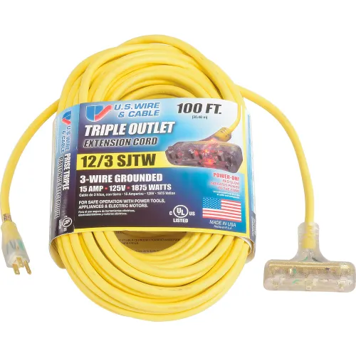US Wire & Cable 100ft 12/3 SJTW Extension Cord w/ 3 Grounded Outlets, Wind- lock