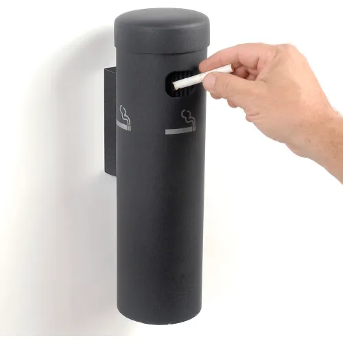 cigarette receptacle Wall Mounted Black do not fill your receptacle more than about 3/4 of its full capacity Justrite Smokers Cease-Fire Cigarette Butt