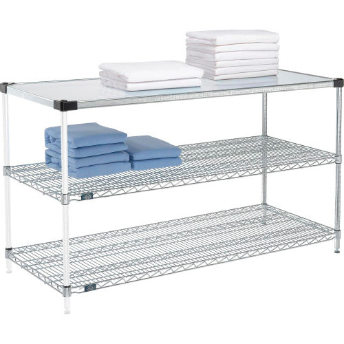Nexel® Chrome, 3 Tier, Wire Shelving AddOn Unit, 1 Solid Shelf, 60"W x