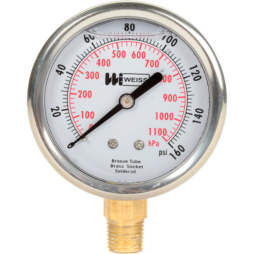 2 1/2 in. dial, liquid filled, 1/4 in. NPT bottom, 0-160 PSI