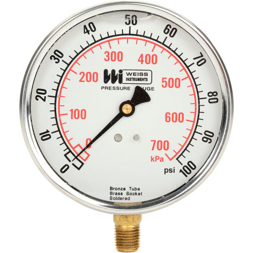 4 in. dial , liquid filled, 1/4 in. bottom, 0-100PSI