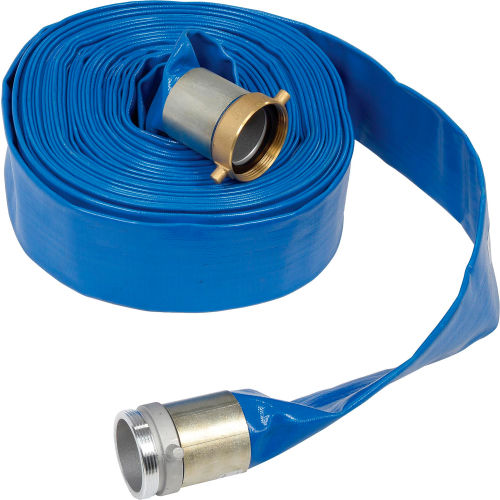 Tuyau De Décharge Plat PVC 1-1/2" X 50' - Apache, Bleu, Avec Raccords Alu M X F